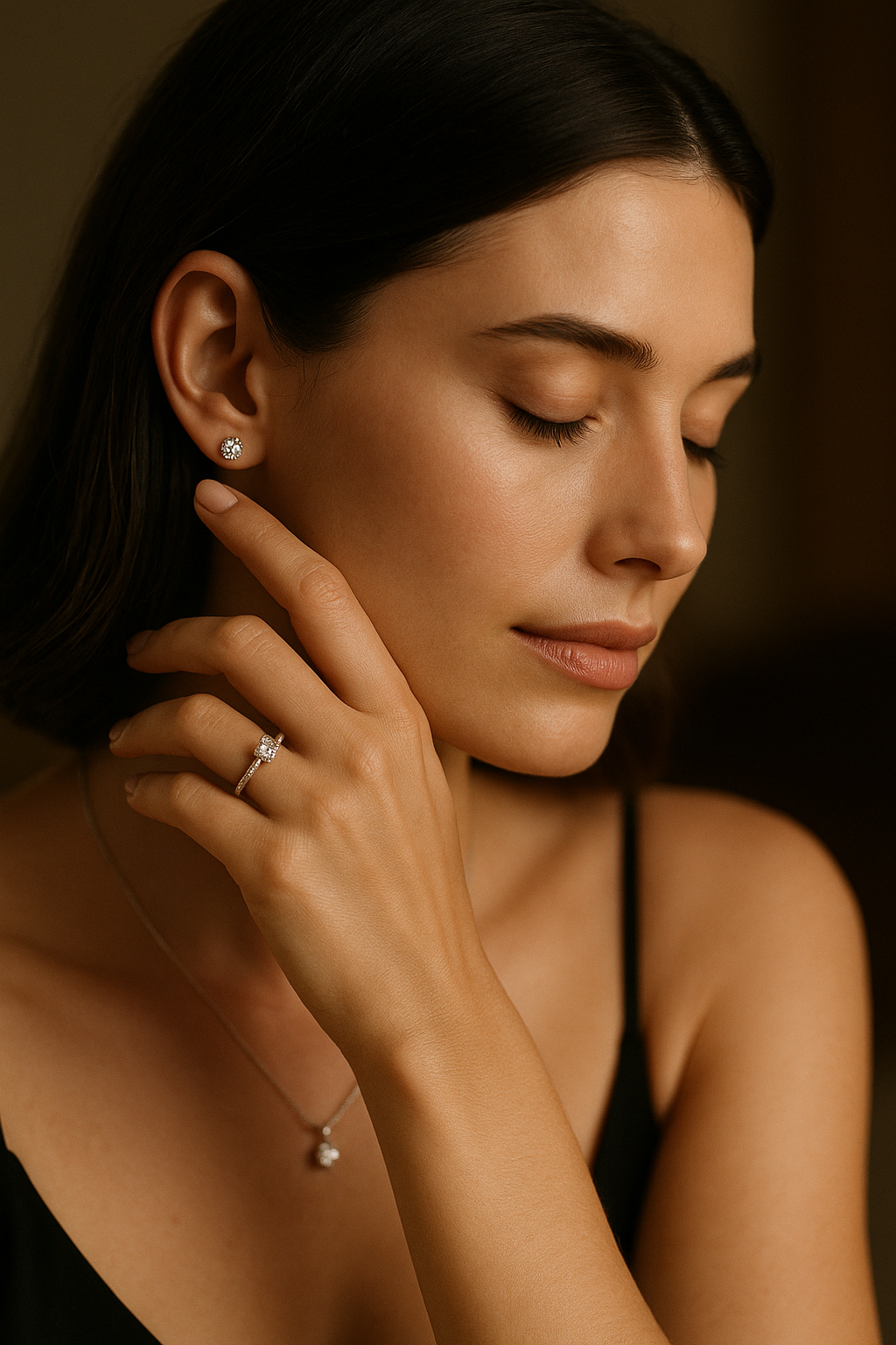 modelo con pendientes de diamantes y anillo de diamante