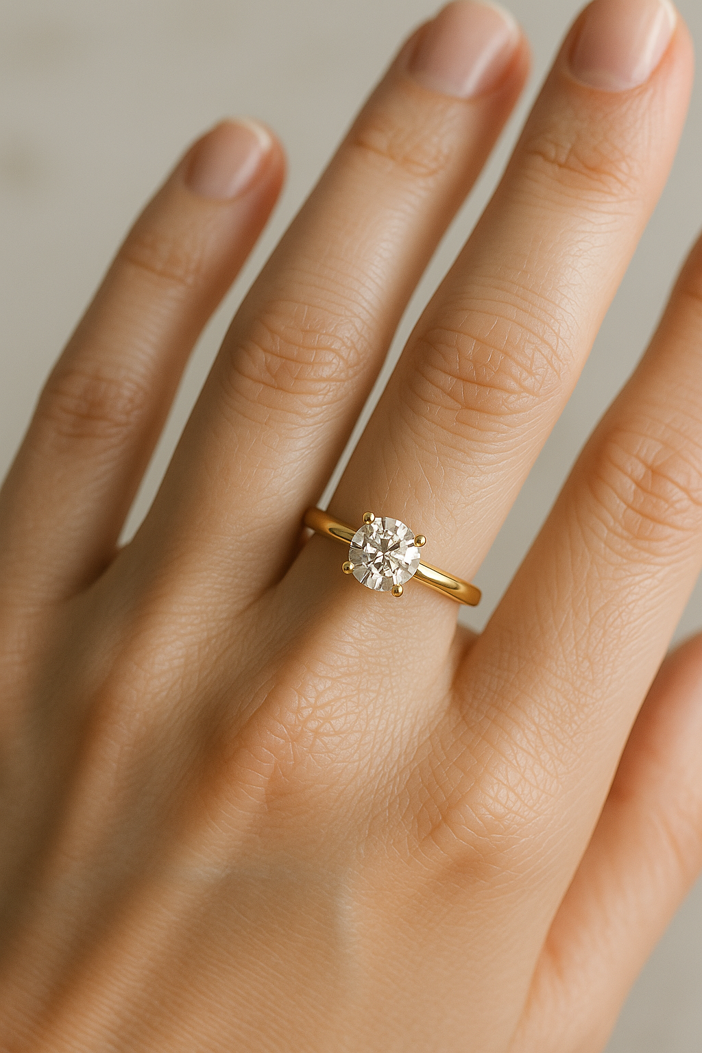 Anillo oro amarillo diamante round en mano